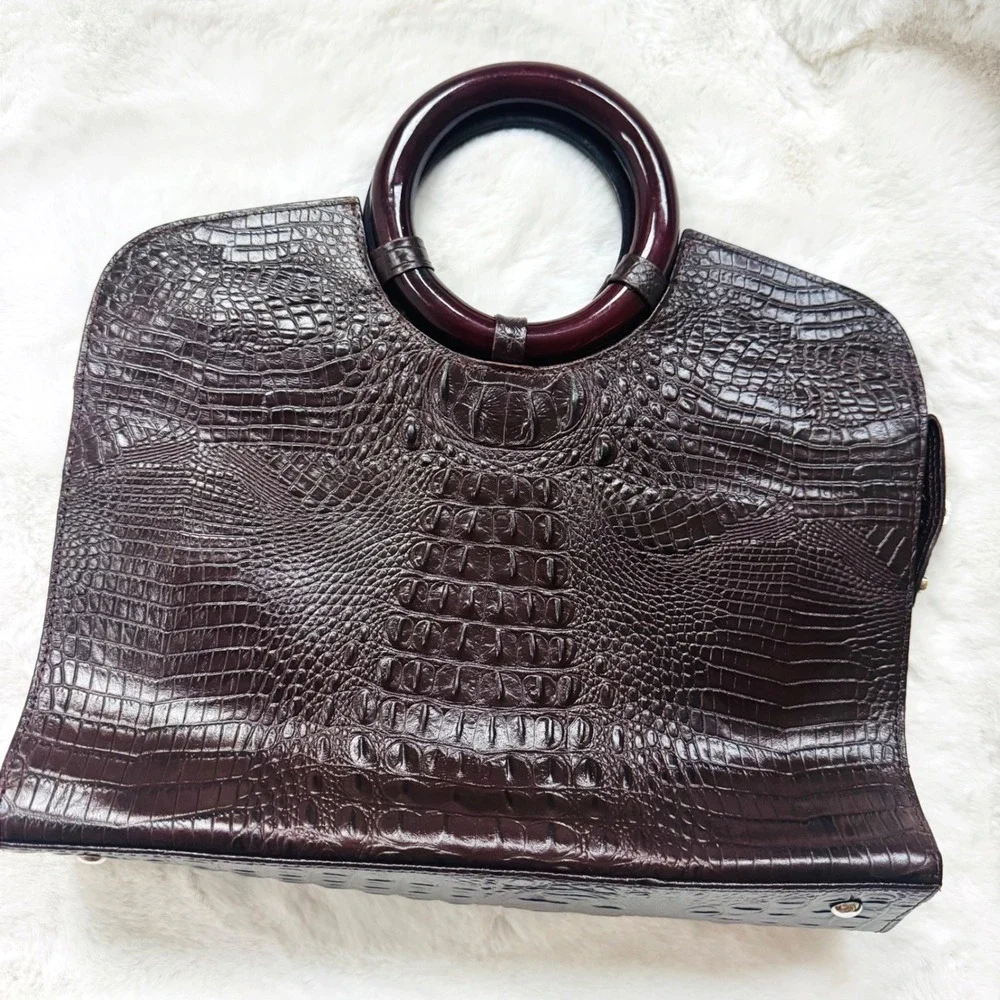 Daniella Ortiz Burgundy Crocodile Embossed Genuine Leather Bag Round Handle Tote
